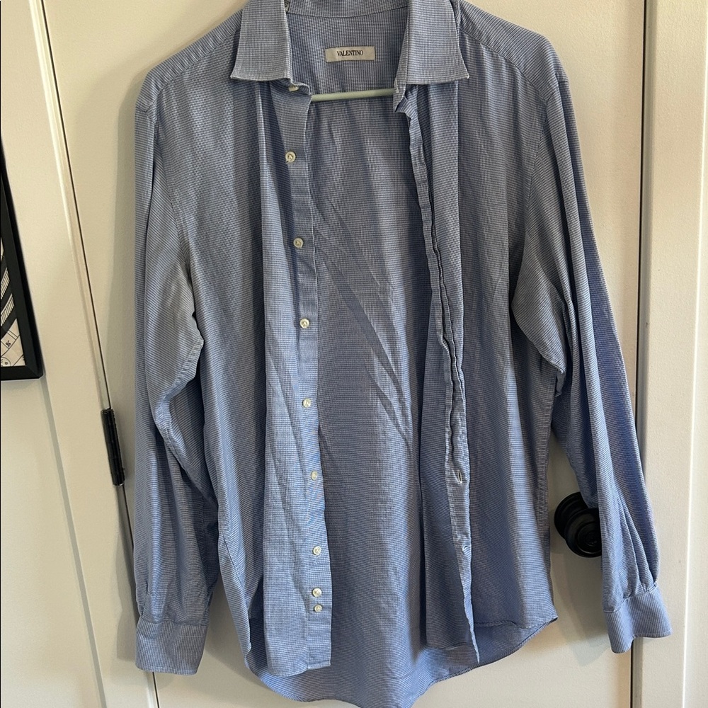 Valentino Blue Micro-Check Dress Shirt — Size 39 / 15.5 (M) | Luxury Button-Up